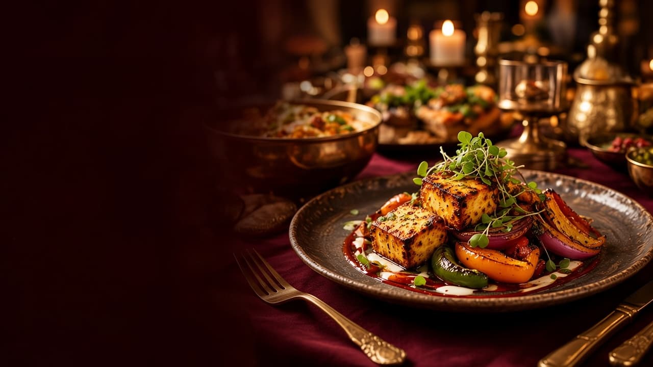A carefully plated vegetarian Indian dish at a catered celebration