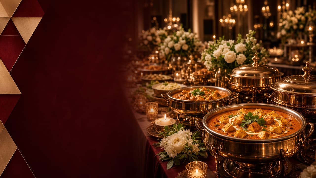 An abundant Indian vegetarian catering spread for a gathering